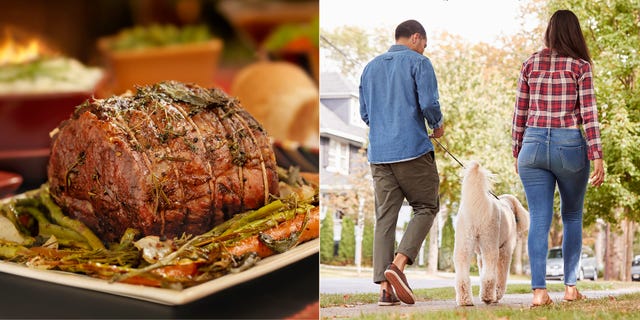 a split image featuring a roasted meat dish and a couple walking a dog