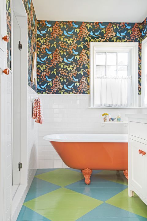 Bathroom, Room, Tile, Blue, Interior design, Wall, Floor, Property, Orange, Turquoise, 