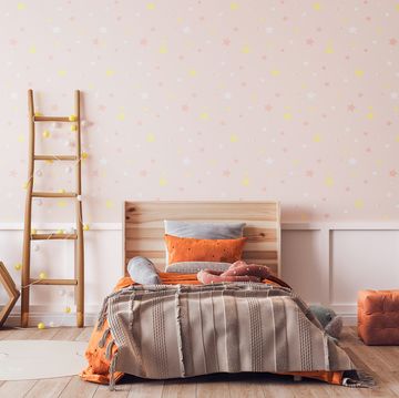 orange wooden bedroom design, poster frame mockup
