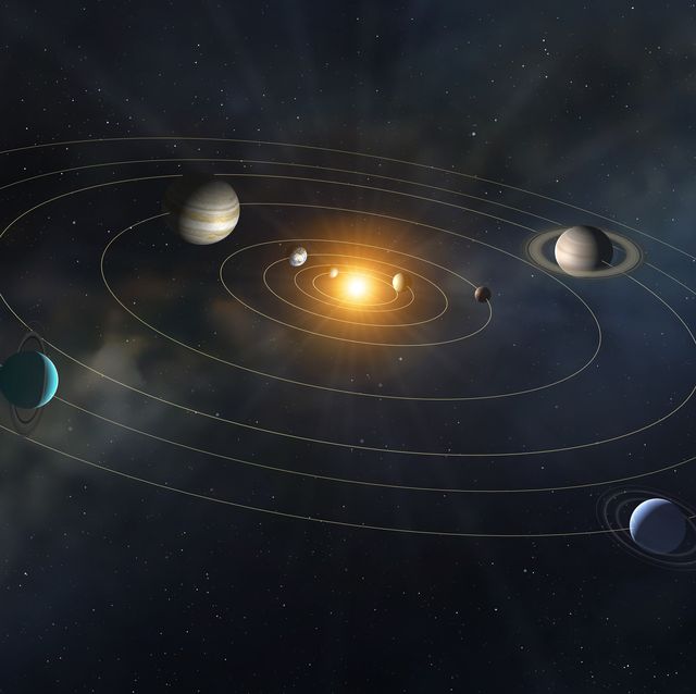 illustration of our solar system, with light emanating from the sun
