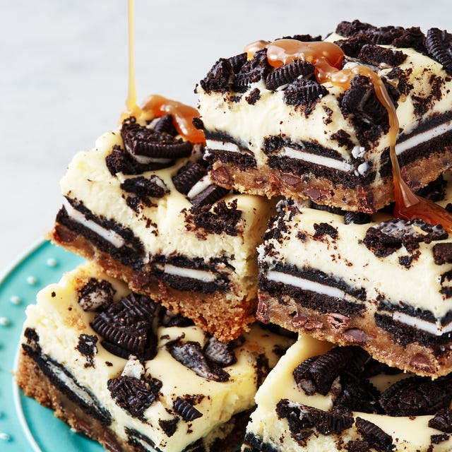 oreo cheesecake bars drizzled with caramel