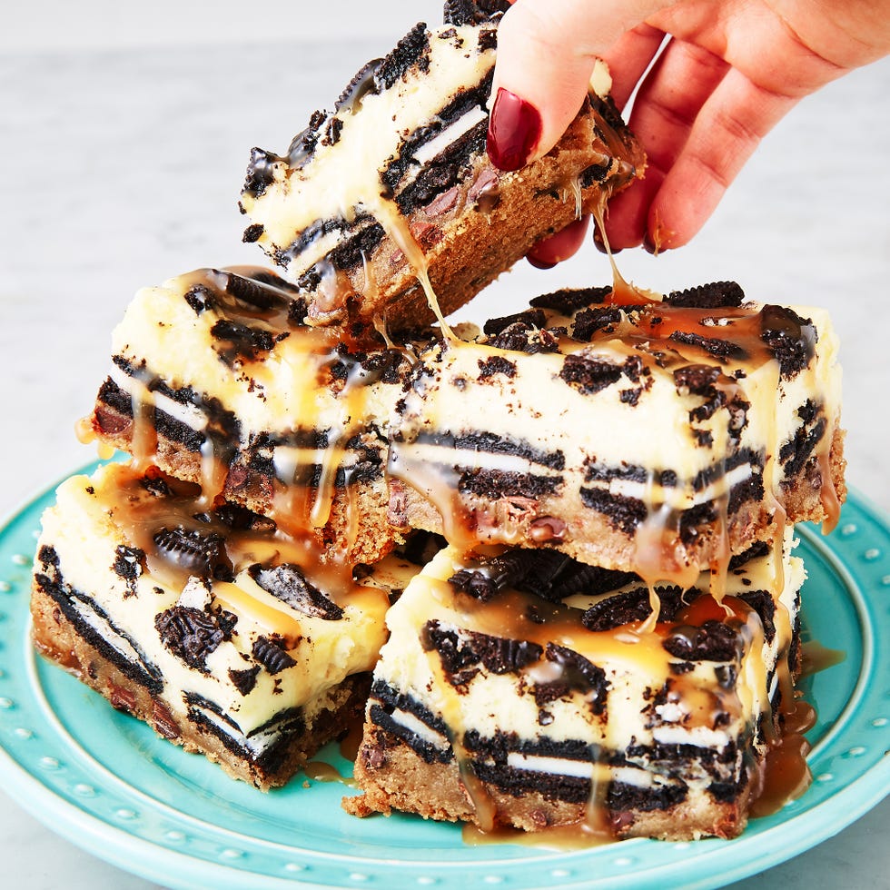 oreo cheesecake bars drizzled with caramel