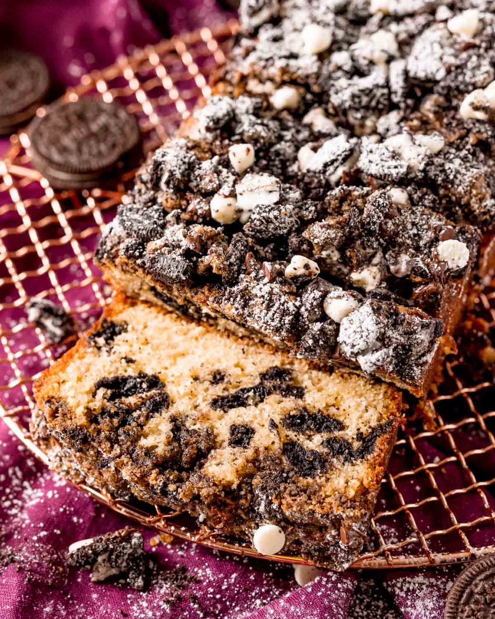 oreo crumb cake on wire rack