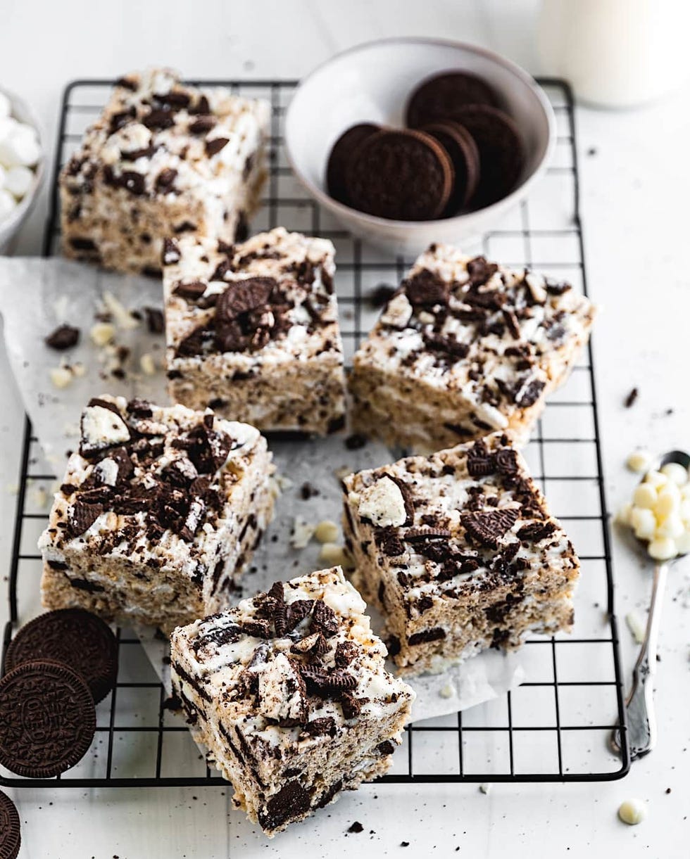 oreo rice krispie treats on wire rack