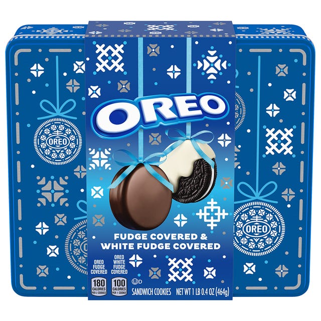 oreo holiday tin with fudge covered and white fudge covered cookies