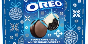 oreo holiday tin with fudge covered and white fudge covered cookies