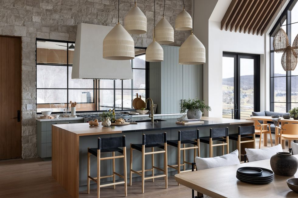 kitchen with cone pendant lights
