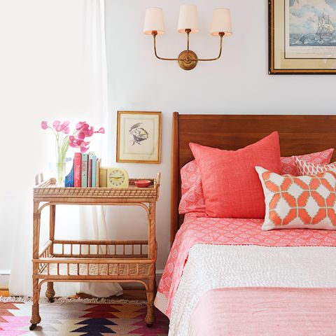 nightstand upgrade rolling rattan cart, decorative dish, alarm clock, books bedroom, pink linens