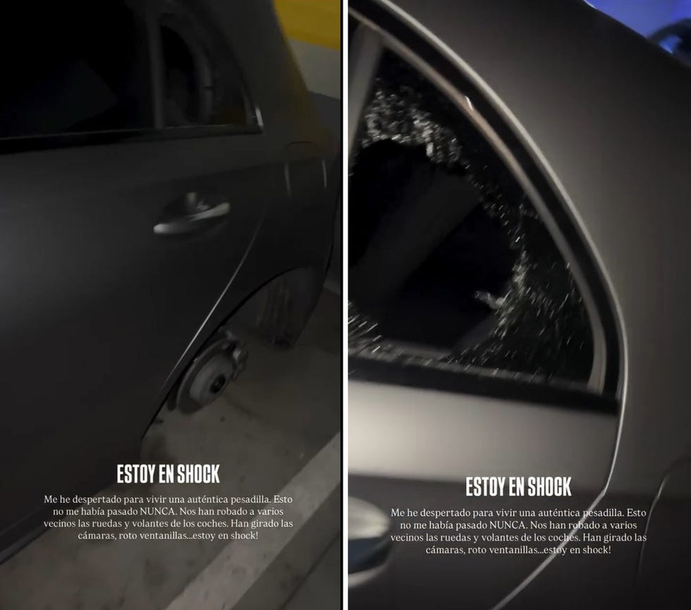 oriana marzoli muestra los destrozos en su coche con la ventanilla rota, sin ruedas y sin volante tras el robo en su garaje