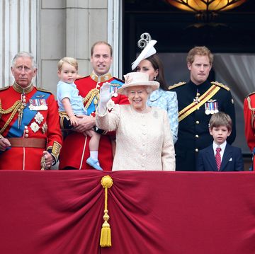 london, england   june 13  l r camilla, duchess of cornwall, prince charles, prince of wales, prince george of cambridge, prince william, duke of cambridge, catherine, duchess of cambridge, queen elizabeth ii, prince harry and prince philip, duke of edinburgh r watch the fly past from the balcony of buckingham palace following the trooping the colour ceremony on june 13, 2015 in london, england the ceremony is queen elizabeth iis annual birthday parade and dates back to the time of charles ii in the 17th century, when the colours of a regiment were used as a rallying point in battle  photo by chris jacksongetty images