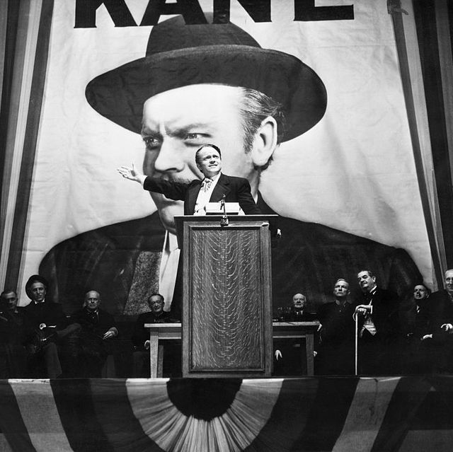 charles foster kane orson welles makes a stirring campaign speech before a larger than life portrait of himself in a scene from citizen kane