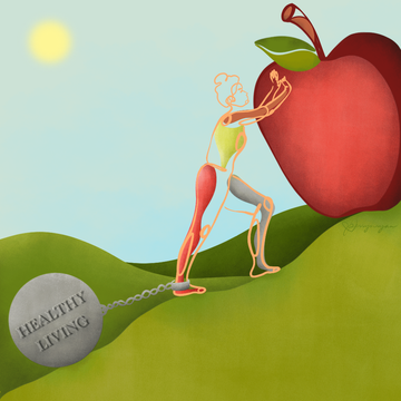 orthorexia illustration of woman pushing apple up hill