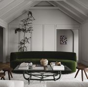 living room, green velvet couch