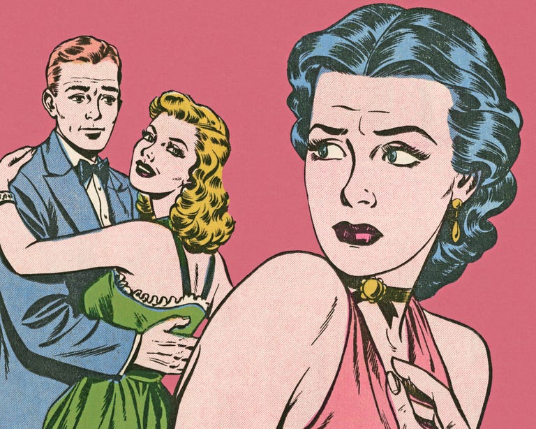 couple hugging and jealous woman