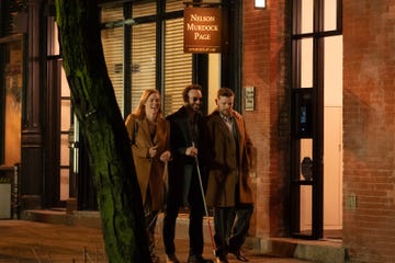 (l r) karen page (deborah ann woll), daredevil/matt murdock (charlie cox) and foggy nelson (elden henson) in marvel television's daredevil born again, exclusively on disney+. photo by giovanni rufino. 2024 marvel.