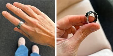 a hand displaying a silver ring on one finger and a closeup view of the ring in another hand