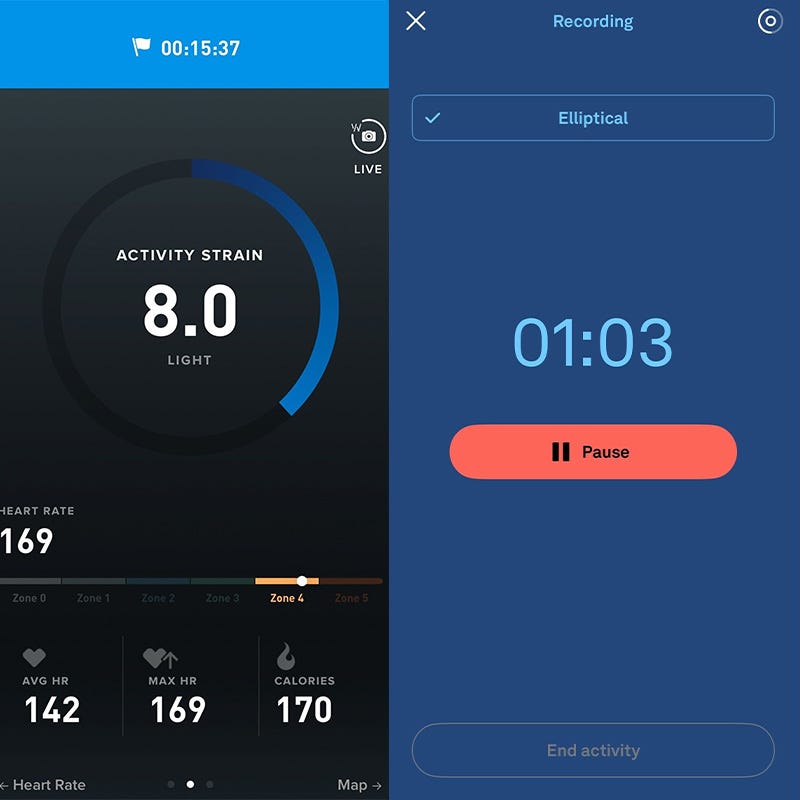 oura and whoop app workout recording screenshots side by side