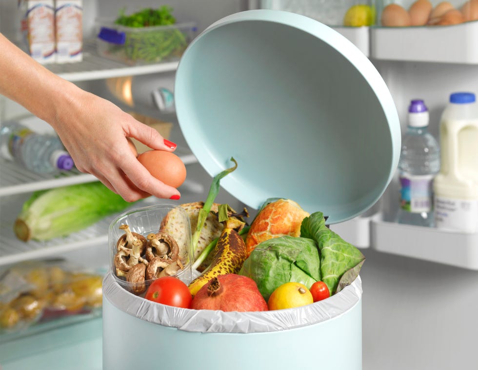 out of date in garbage bin in front of fridge