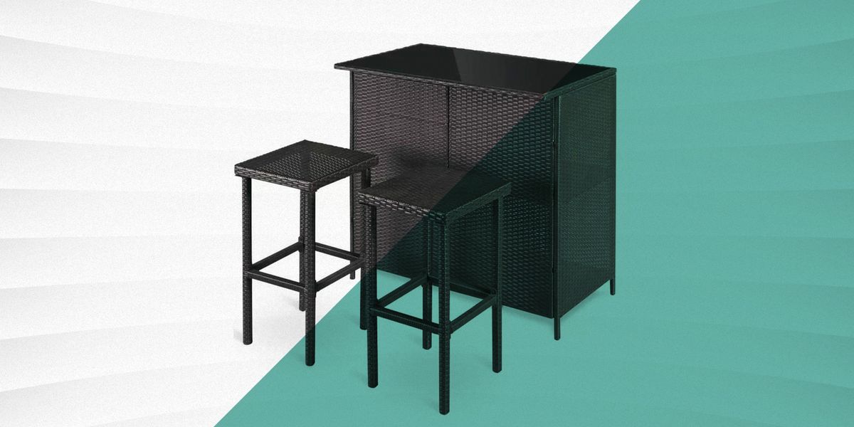 outdoor wicker bar set with 2 stools