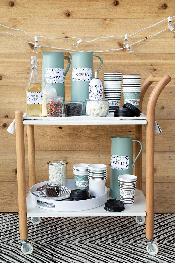 hot chocolate and coffee station on rolling cart