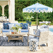 spring refresh collection frontgate outdoor couch, outdoor chair, drink stand, umbrella, outdoor cushions