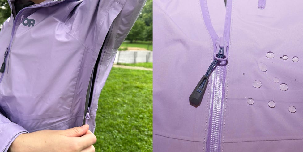 a close up of the pit zip on a purple outdoor research rain jacket and a close up of water drops sitting on the surface of the rain jacket material