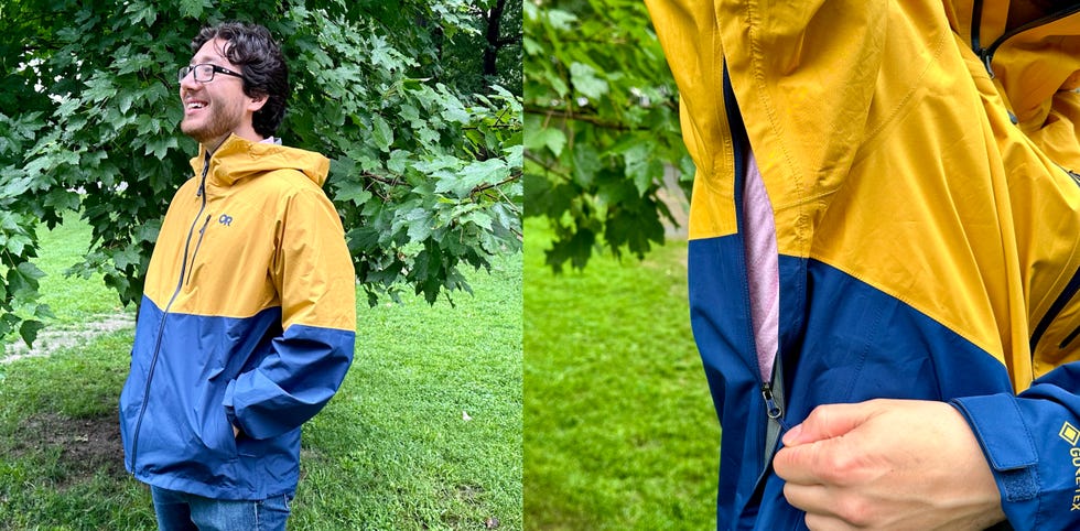 man modeling a rain jacket from outdoor research in an outdoor setting and a close up of the pit zip on a rain jacket