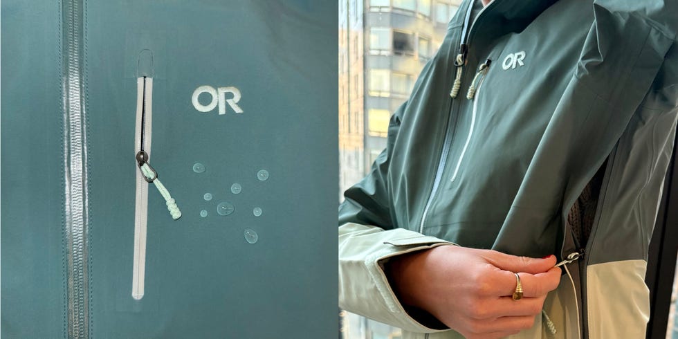 a close up of a rain jacket from outdoor research with water droplets and a close up of someone pulling a zipper on a rain jacket