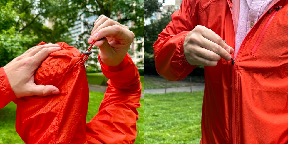 someone pulling the drawcord on a rain jacket hood and a close up of someone zipping their rain jacket from outdoor research