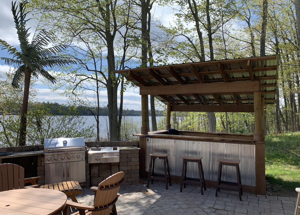 outdoor kitchen overlooking lake