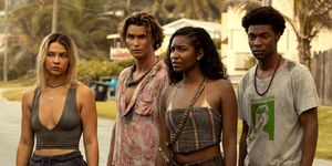 outer banks l to r madelyn cline as sarah cameron, chase stokes as john b, carlacia grant as cleo, jonathan daviss as pope in episode 301 of outer banks cr jackson lee davisnetflix © 2023