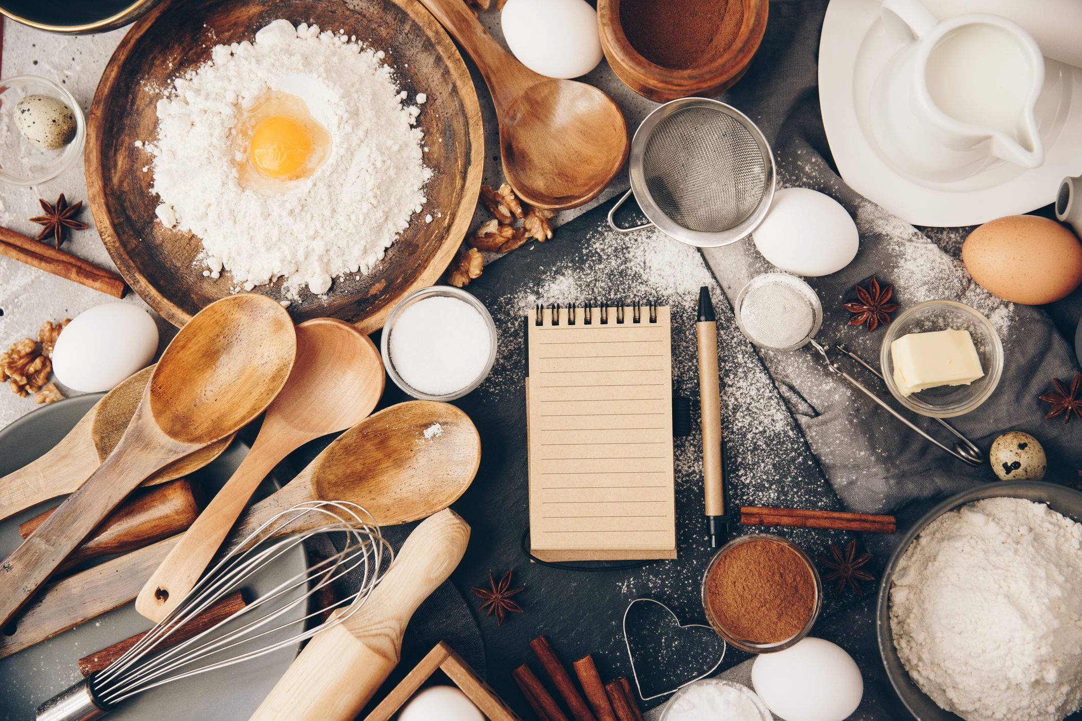 Overhead View Of Baking Ingredients And A Notepad Royalty Free Image 930086476 1546440806 