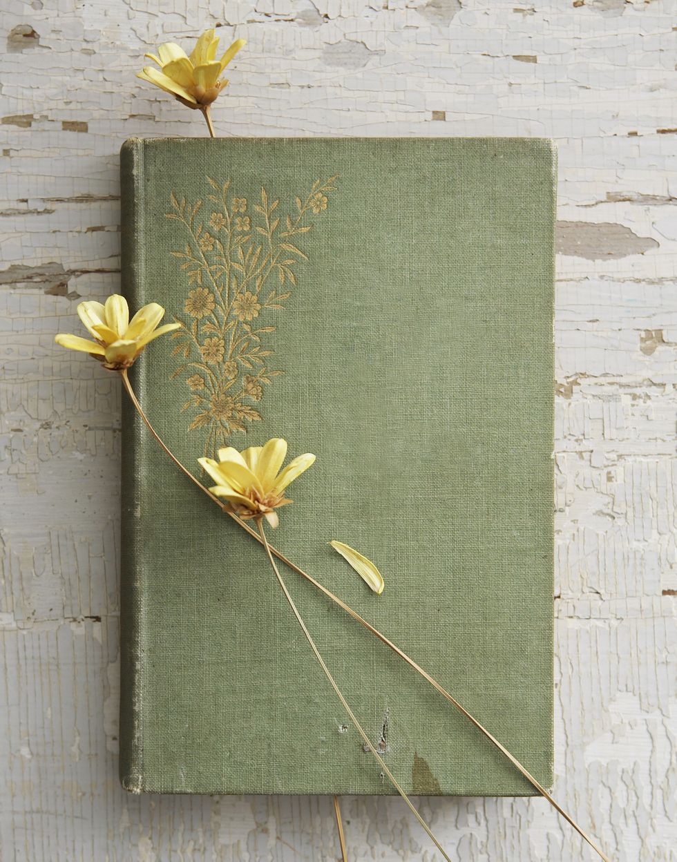 overhead view of green diary with yellow flowers on table