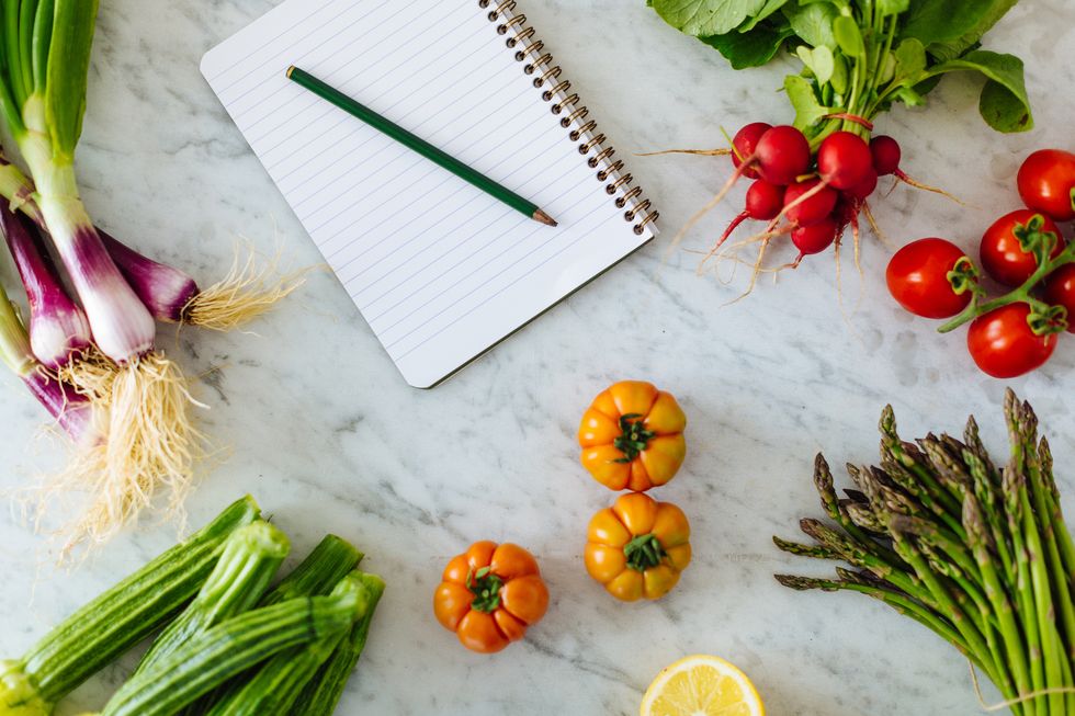 Overhead view of notepad and pencil with fresh vegetables