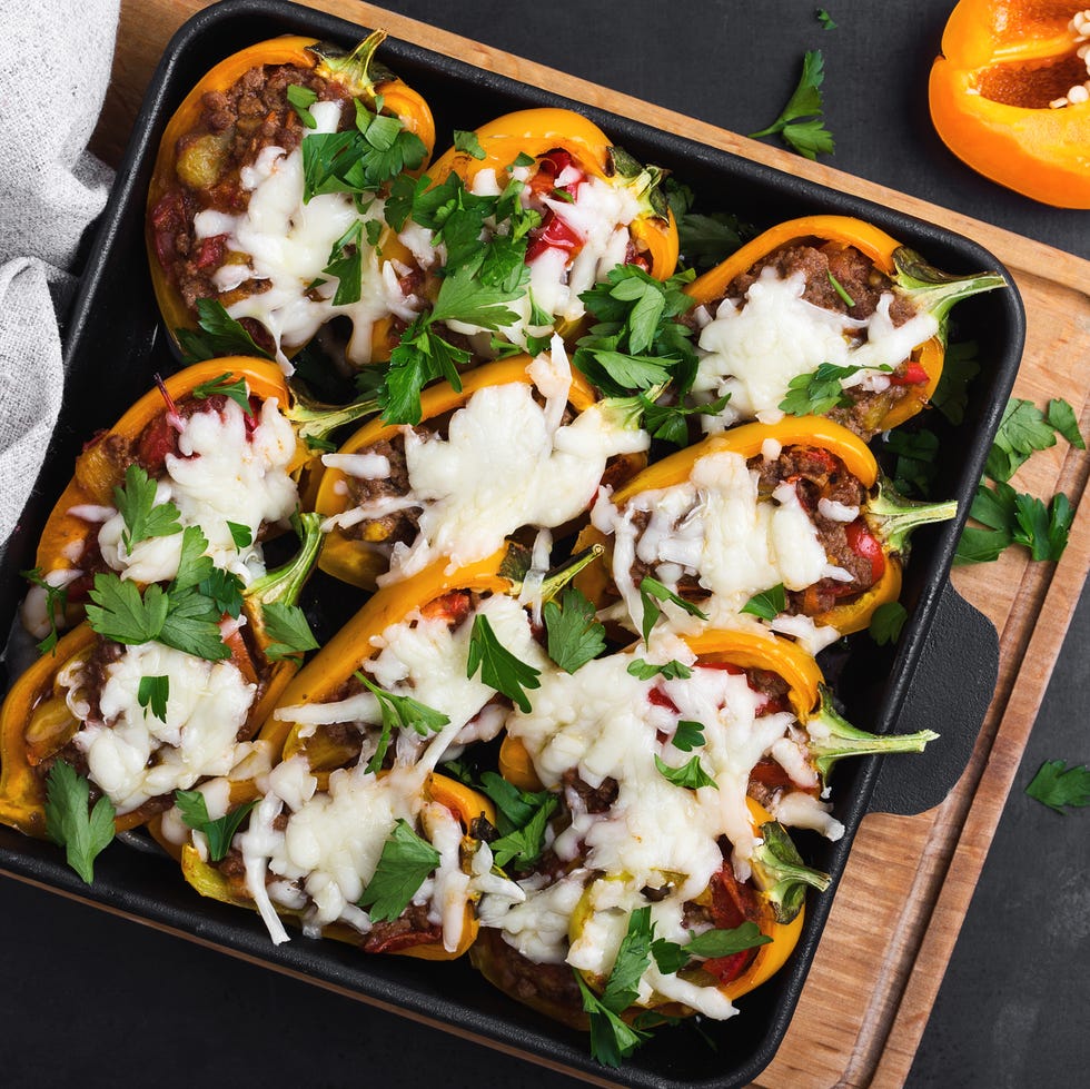 overhead view of stuffed bell peppers