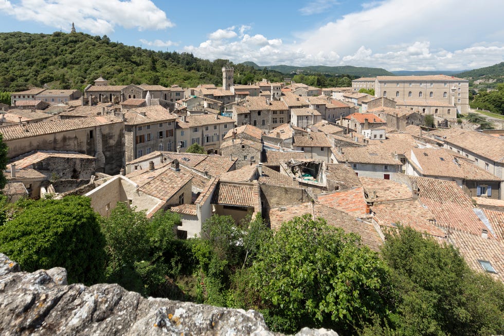 overlooking the small town of viviers, ardeche, france