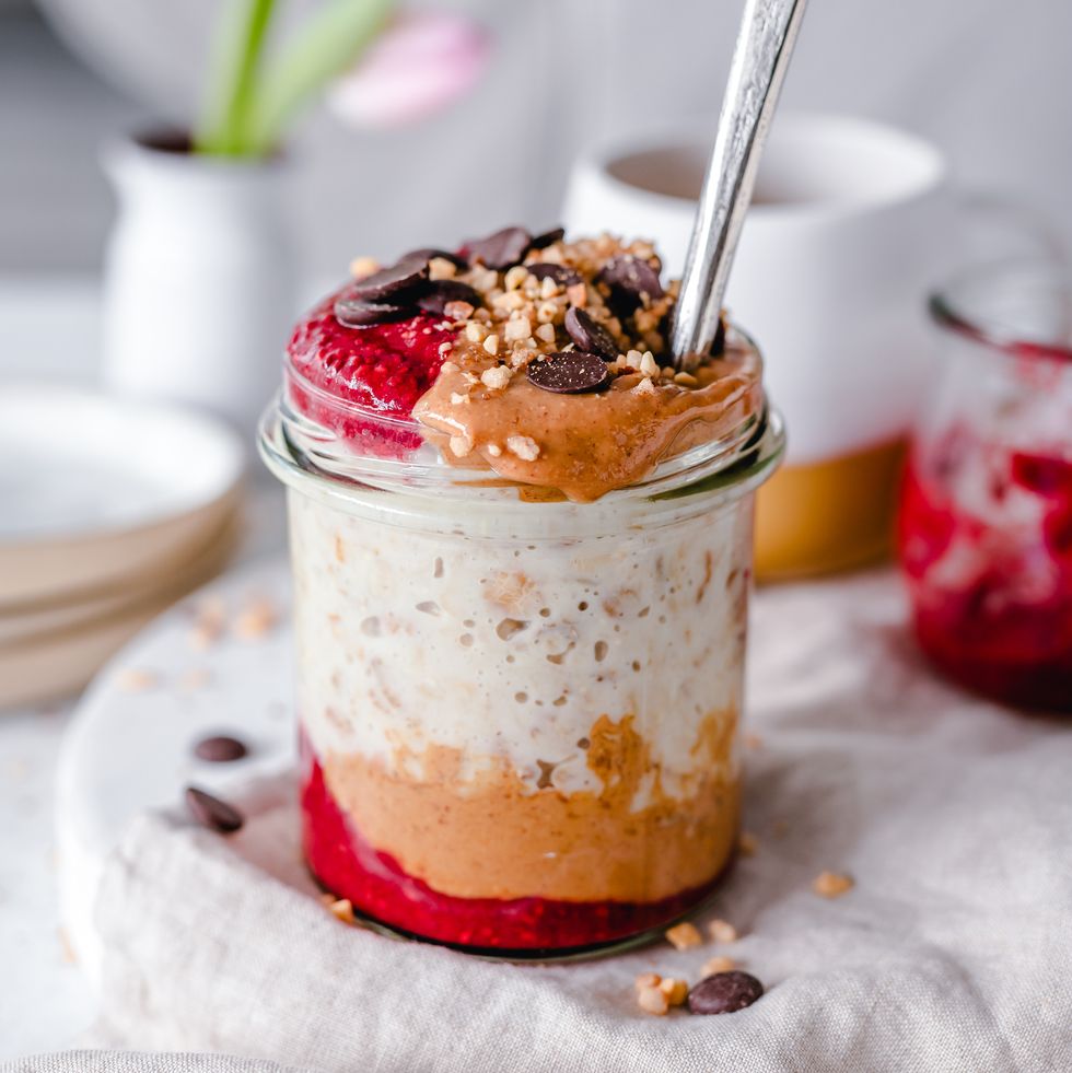overnight oats with peanut, butter, jam, chocolate and peanuts