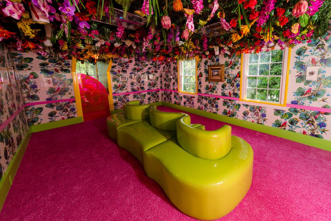 Room, Pink, Interior design, Furniture, Magenta, Tree, House, Couch, Architecture, Plant, 
