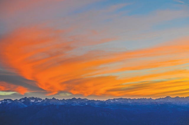 sunset over palisade region of the eastern sierra nevada, view from the white mountains above california owens valley
