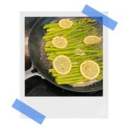 oxo nonstick fry pan with salmon and asparagus