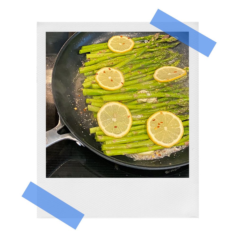 oxo nonstick fry pan with asparagus
