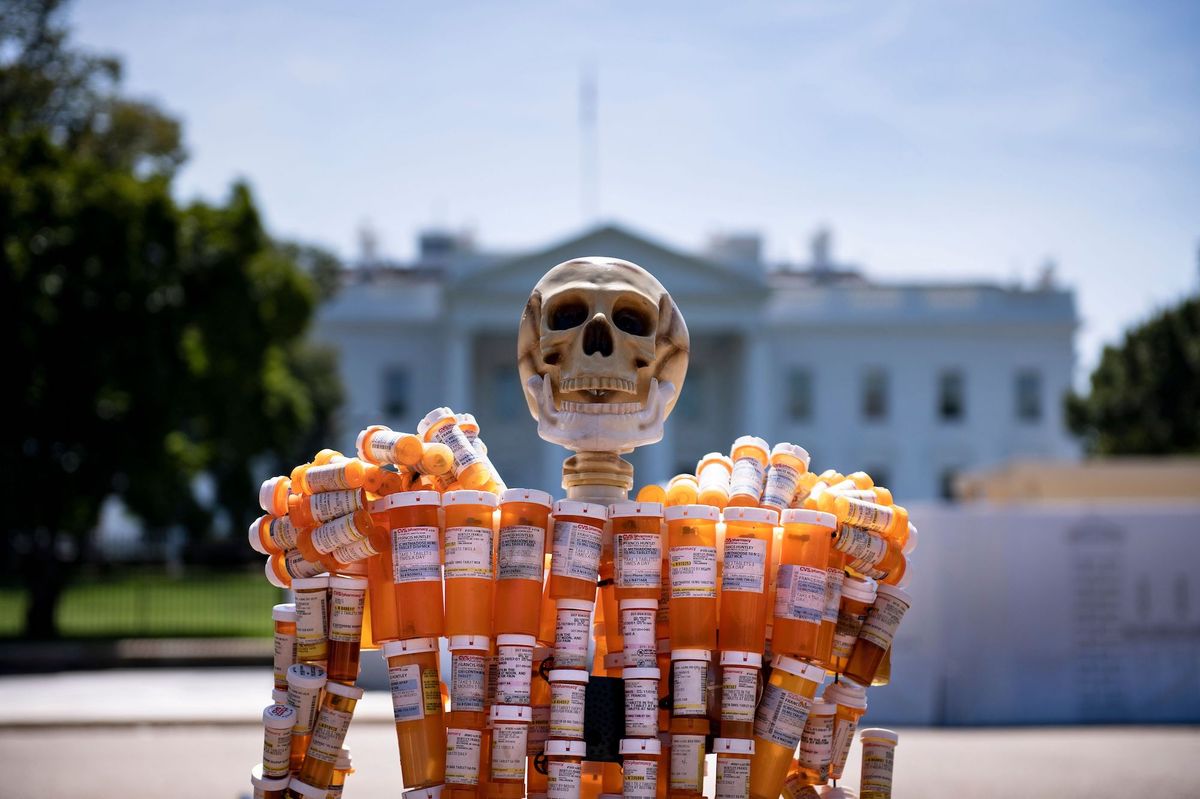 pill man, a skeleton made from frank huntley's oxycontin and methadone prescription bottles, is seen on pennsylvania avenue in front of the white house august 30, 2019, in washington, dc photo by brendan smialowski  afp photo by brendan smialowskiafp via getty images