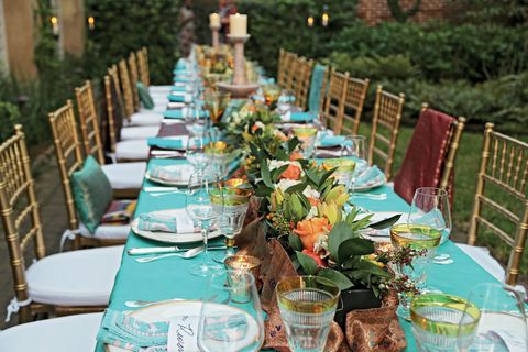 Rehearsal dinner, Turquoise, Chiavari chair, Wedding reception, Meal, Yellow, Banquet, Wedding banquet, Table, Event, 