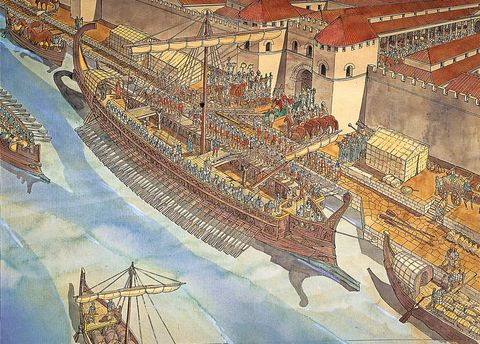 De soldaten van Trajanus gaan aan boord op weg naar de Balkan Reconstructie op basis van de relifs op de Zuil van Trajanus volgende foto