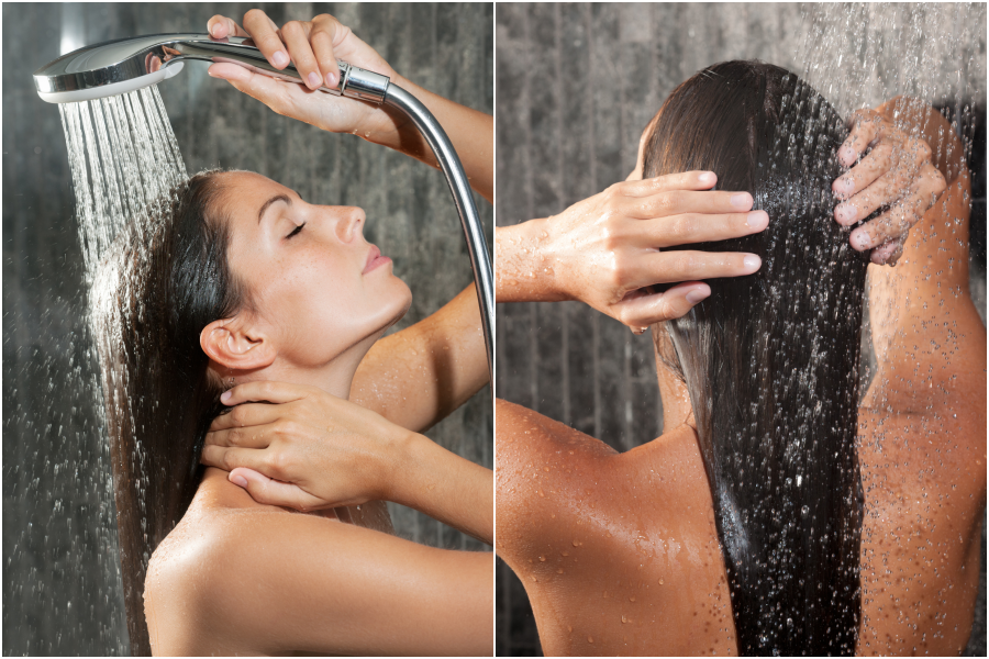 Hair, Shower, Washing, Beauty, Hairstyle, Human, Plumbing fixture, Hand, Long hair, Muscle, 
