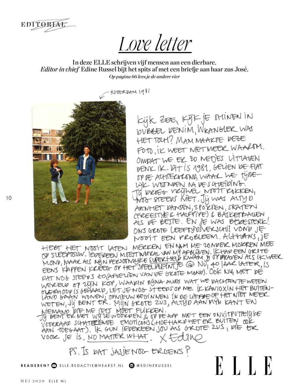 Een geschreven brief van ELLE's hoofdredacteur Edine Russel aan haar zus José.