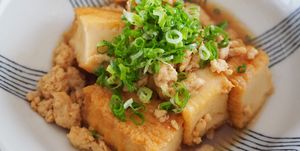 Dish, Cuisine, Food, Ingredient, Agedashi tofu, Tofu, Vegetarian food, Produce, Recipe, Turnip cake, 