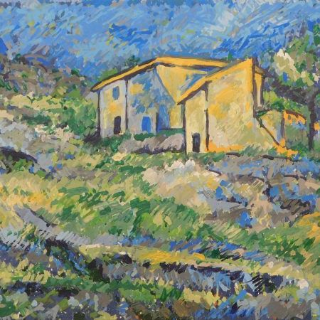 Painting, Watercolor paint, Acrylic paint, House, Tree, Art, Rural area, Visual arts, Paint, Farmhouse, 