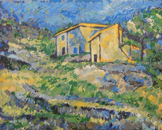 Painting, Watercolor paint, Acrylic paint, House, Tree, Art, Rural area, Visual arts, Paint, Farmhouse, 