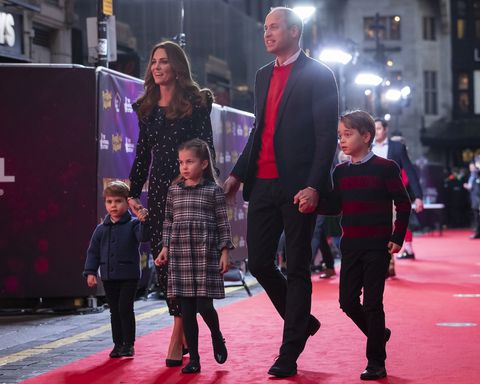 the duke and duchess of cambridge and their children, prince louis, princess charlotte and prince george attend a special pantomime performance at london's palladium theatre, hosted by the national lottery, to thank key workers and their families for their efforts throughout the pandemic